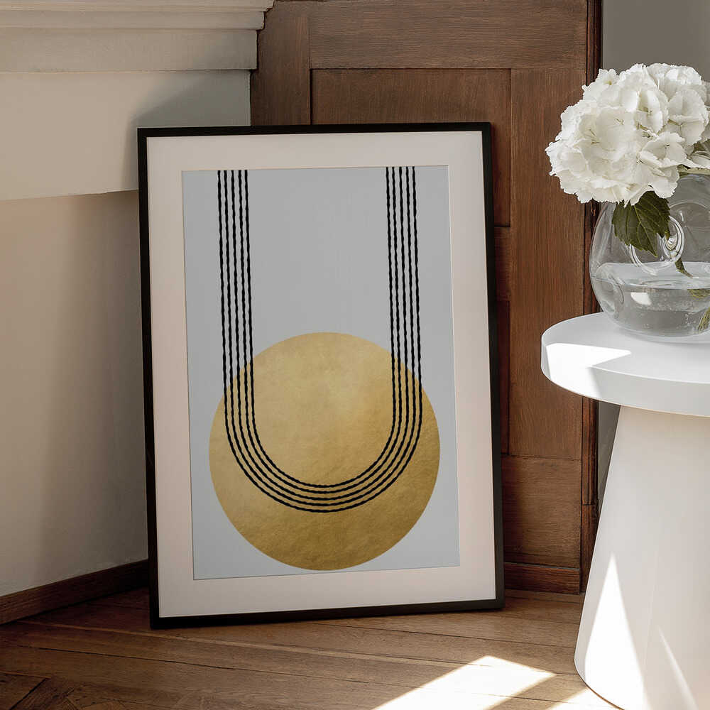 Gold balance – abstract wall art, black frame view