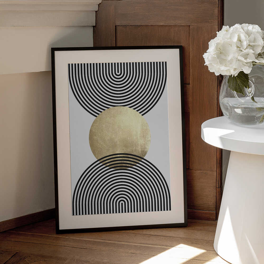 Wall art Golden Textured Circle and Bold Black Lines