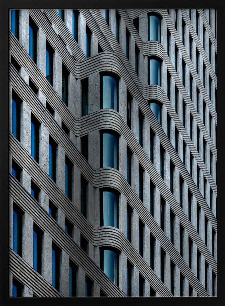 curvaceous facade – cityscape wall art, black frame view