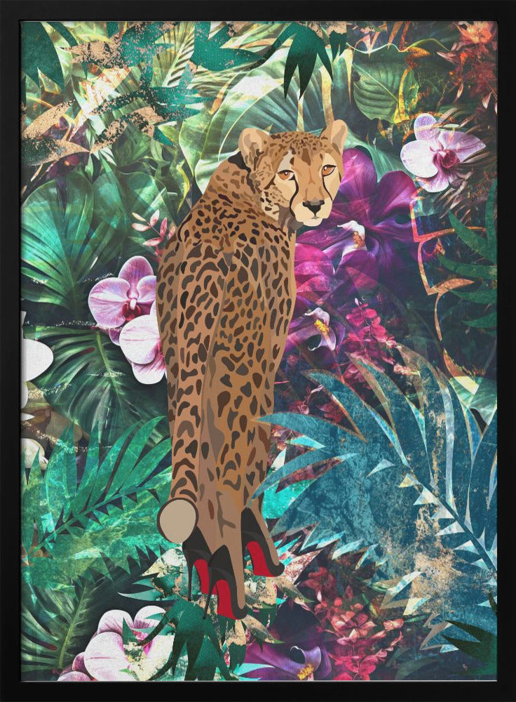 Wall art Tropical Floral Jungle - Cheetah in heels 36X48inch In Black Floating Frame
