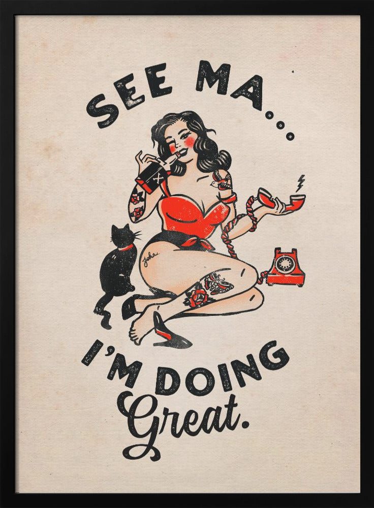 Wall art See Ma Poster Funny Vintage Pinup Girl & Cat