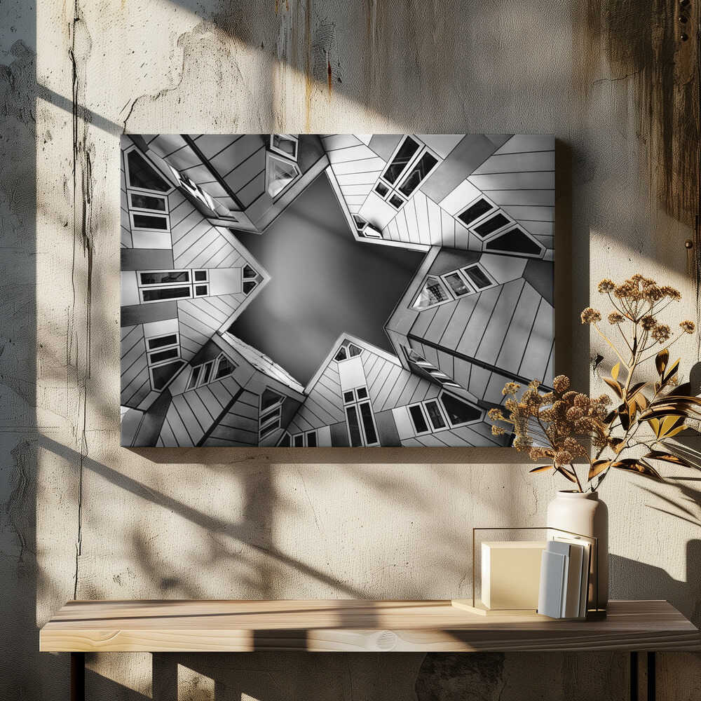 Cubic houses – cityscape wall art, displayed beside dried flowers