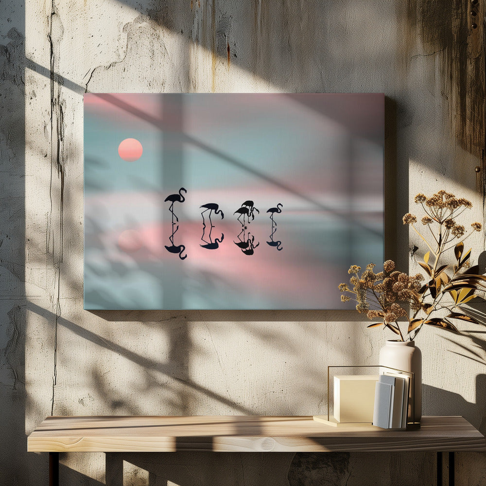 Family flamingos. Wall Artwork In Black Floating Frame