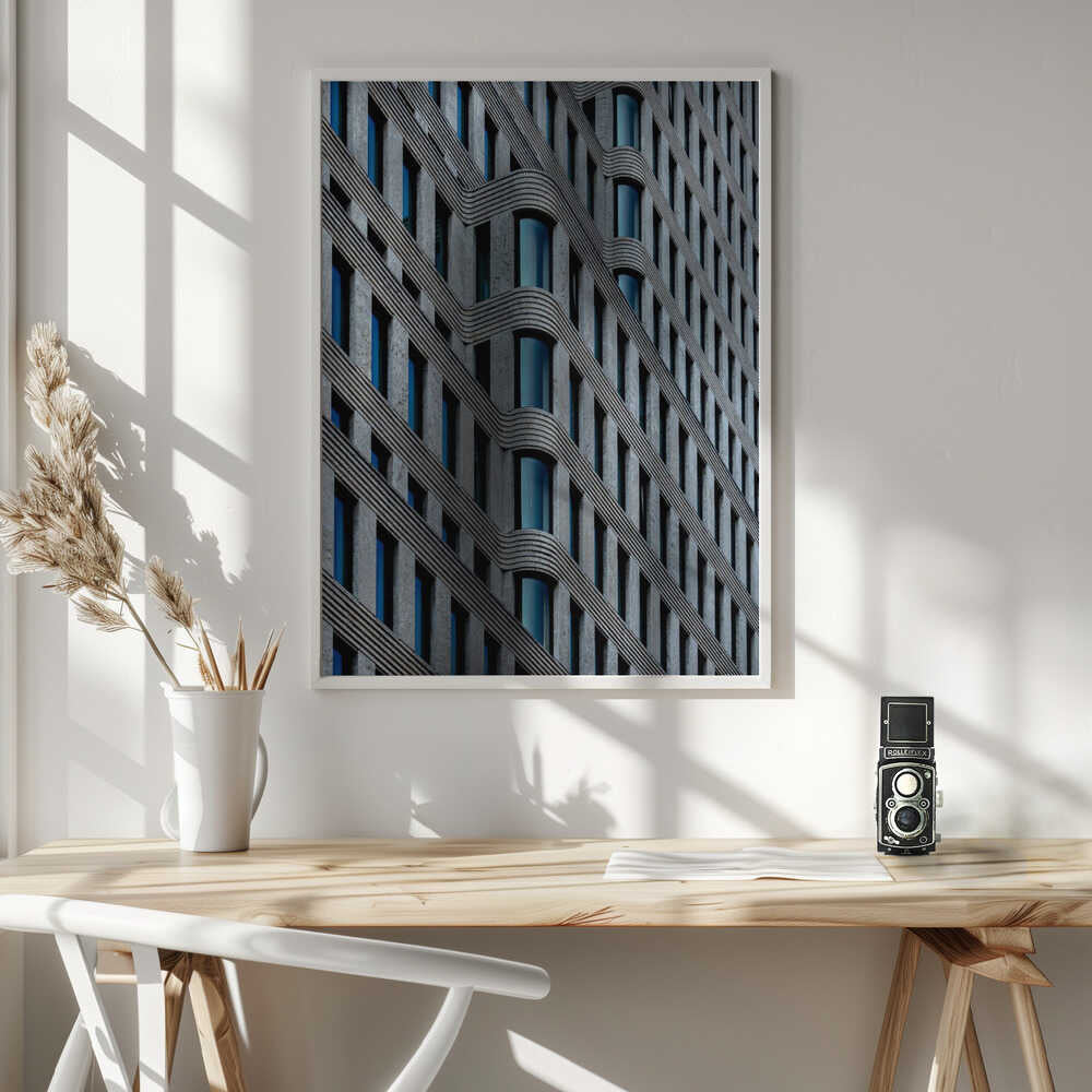 curvaceous facade – cityscape wall art, above a desk