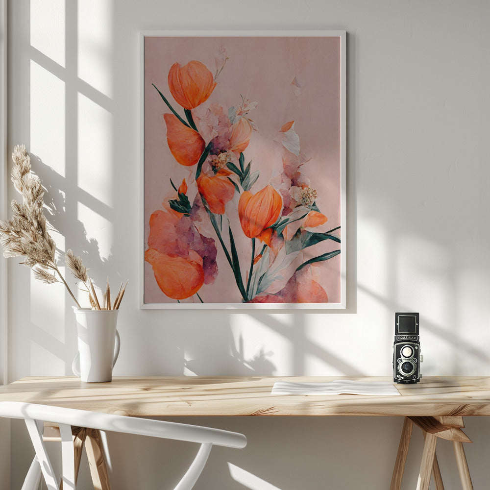 Orange Tulips Wall Artwork In White Floating Frame