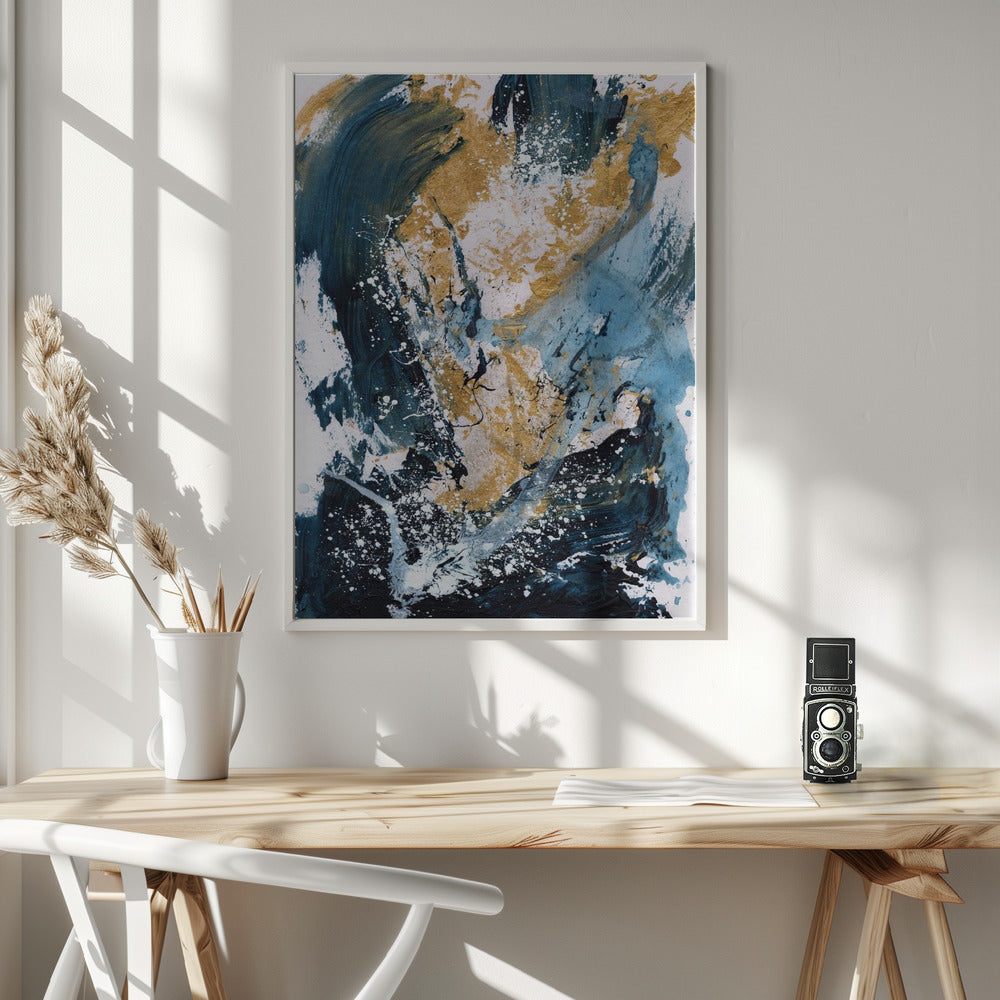 Golden Sea Wall Artwork In White Floating Frame