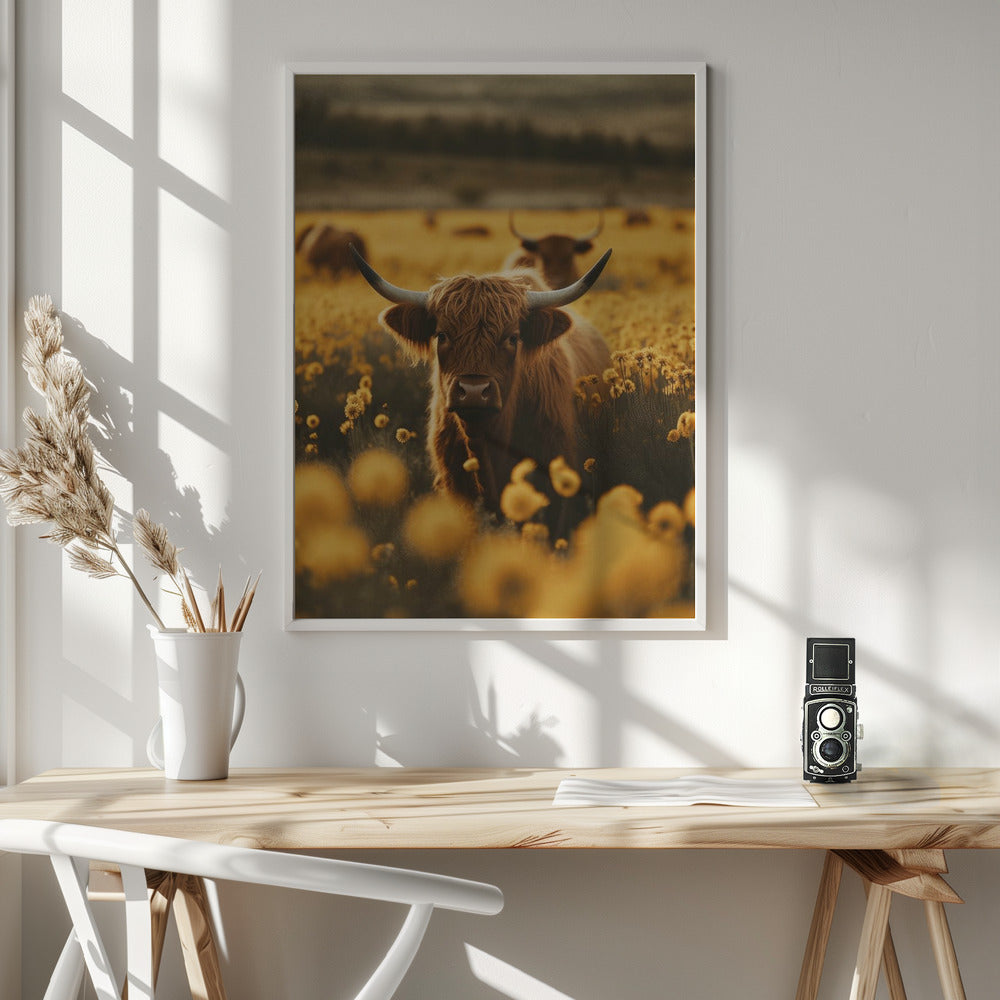 Highland Cows In Flower Field Wall Artwork In White Floating Frame