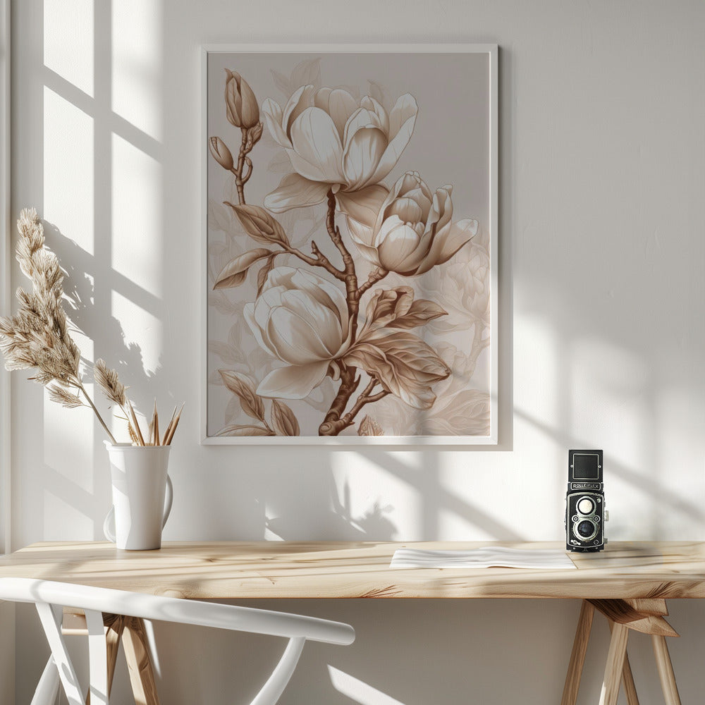 Beige Flowers 2 Wall Artwork In White Floating Frame