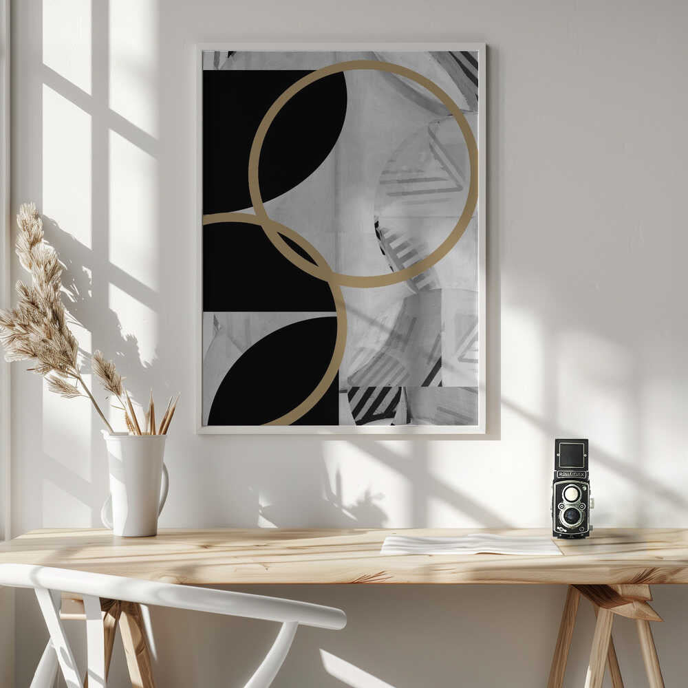 Wall art Black and White Stripes Gold Spheres No1