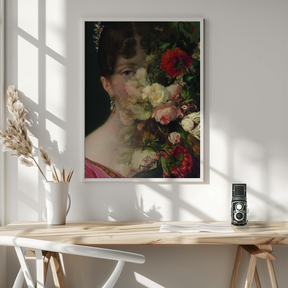 Portrait of Hortense de Beauharnais, queen of Holland with flower still life Wall Artwork In White Floating Frame
