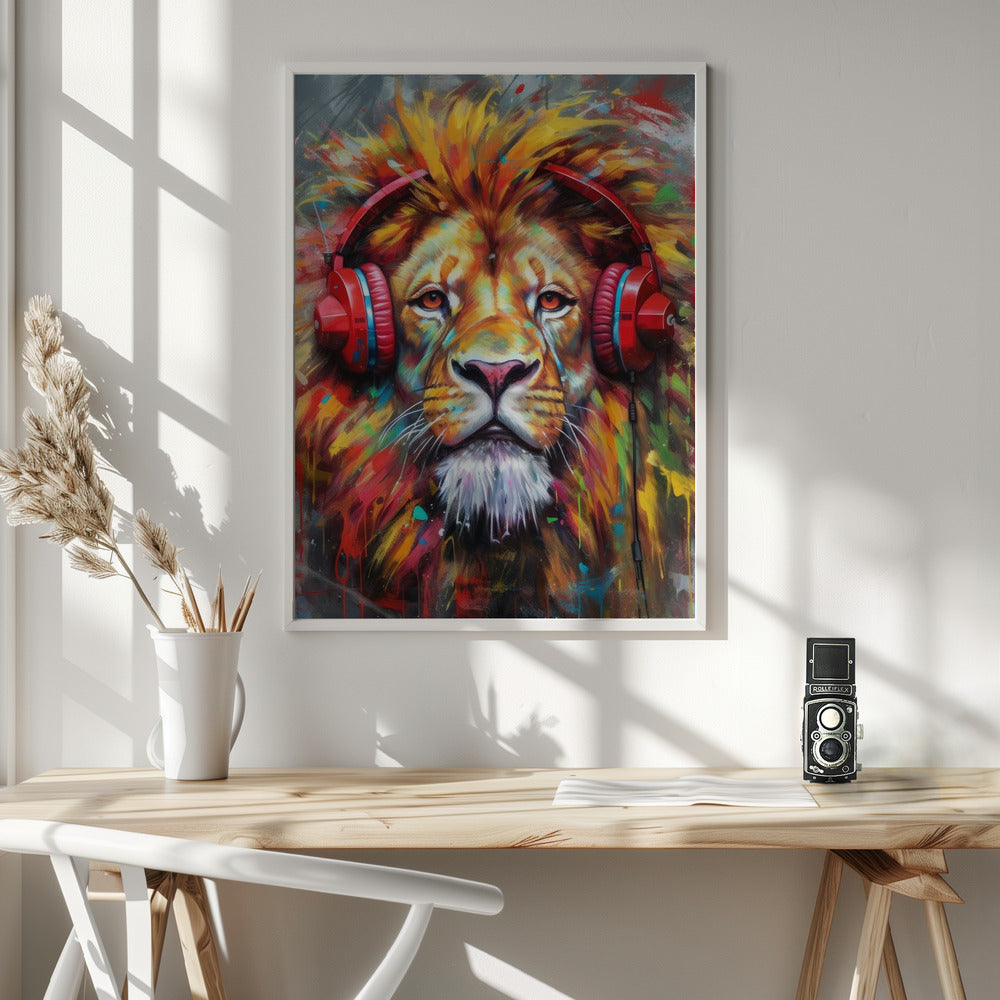 Wall art Lion With Headphones animal 36X48inch Gallery Wrapped (Ready to Hang)