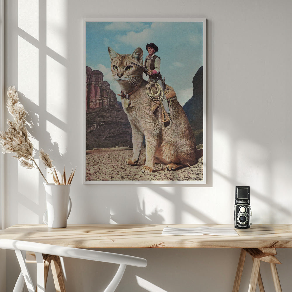 Cat Lone Ranger Wall Artwork In White Floating Frame