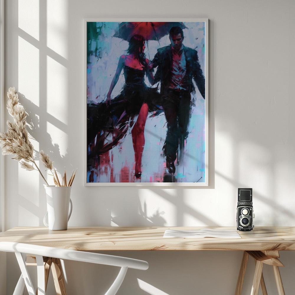 Walking In the Rain Wall Artwork In White Floating Frame