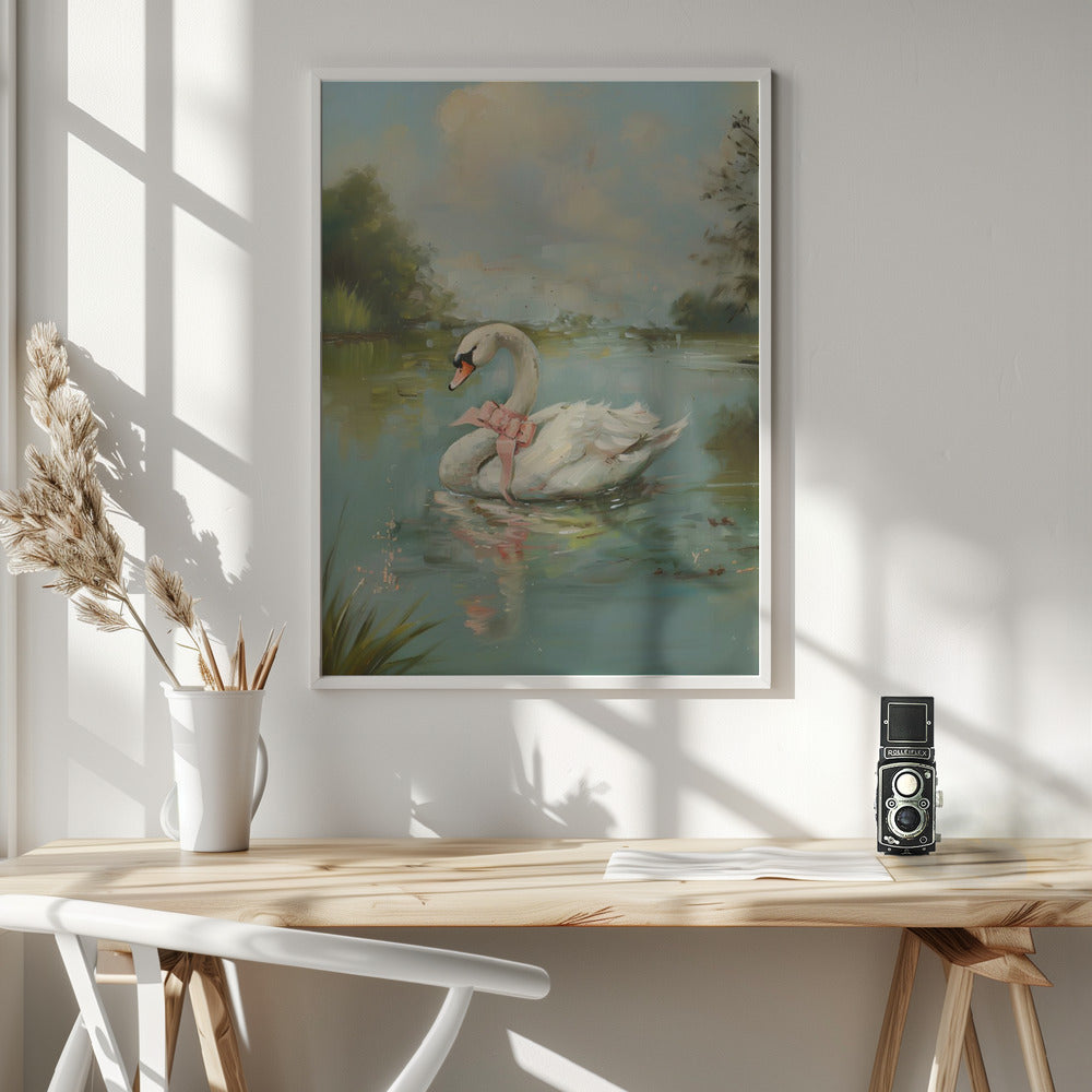 Vintage Swan Coquette Wall Artwork In White Floating Frame