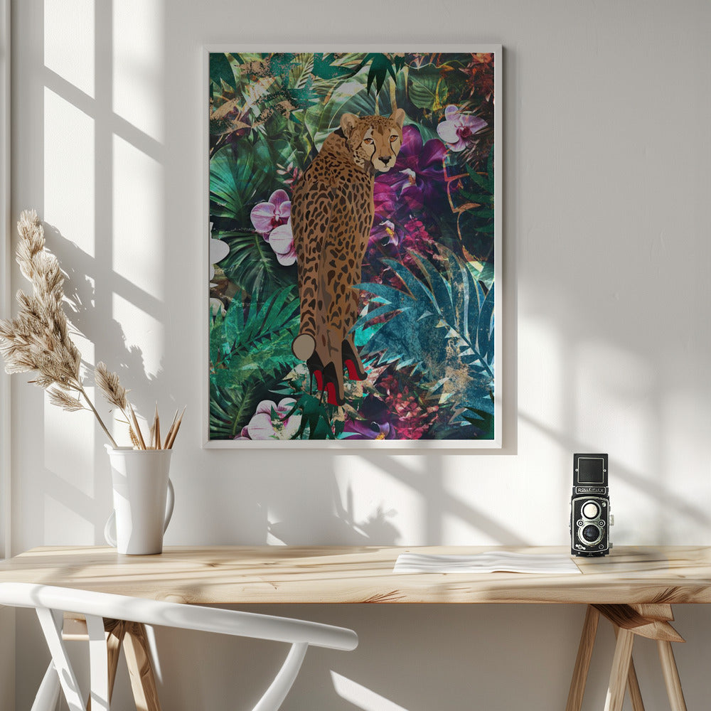 Wall Art Felines Nature-Inspired Canvas Print-wall-art-tropical-floral-jungle-cheetah-in-heels-36X48
