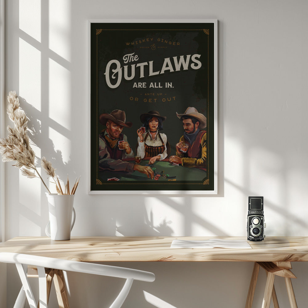 Outlaws Are All In Cool Cowboy Poker Art Wall Artwork In White Floating Frame