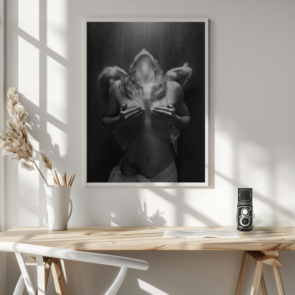 Fallen angel Wall Artwork In White Floating Frame