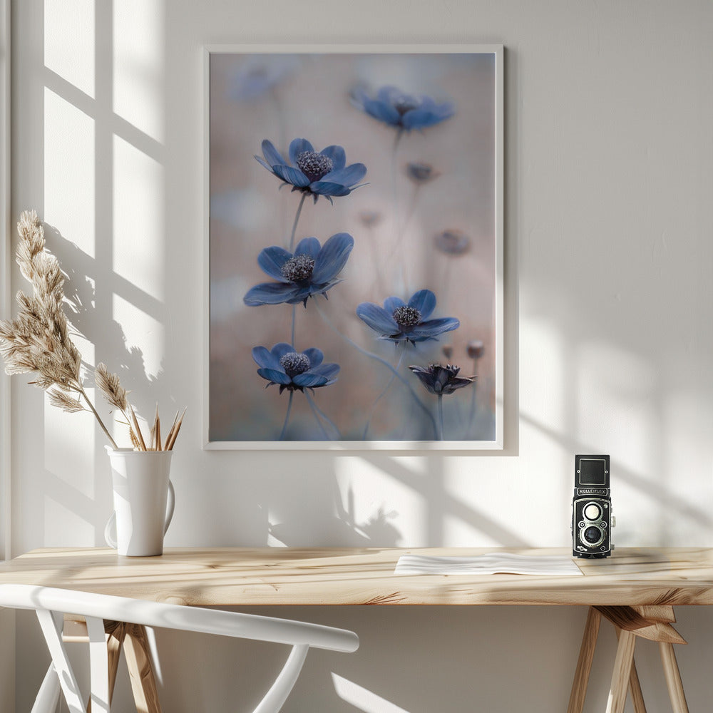 Cosmos blue Wall Artwork In White Floating Frame