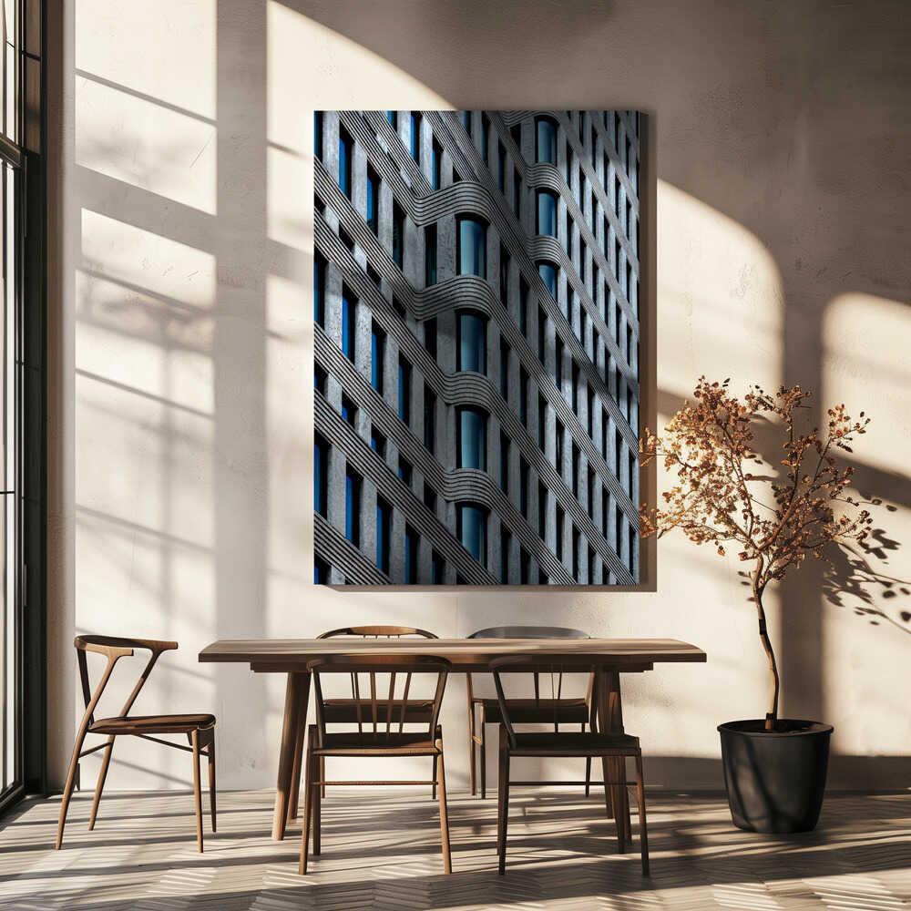 curvaceous facade – cityscape wall art, above a beige table