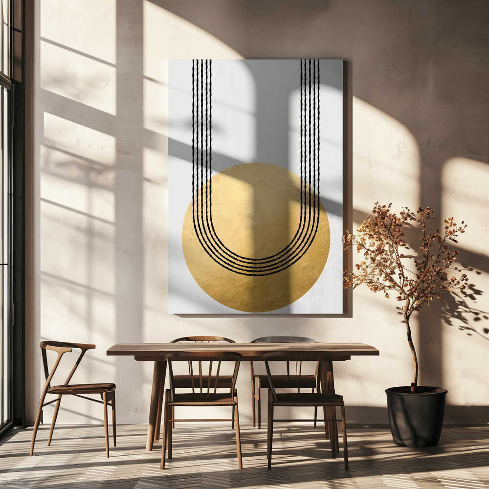 Gold balance – abstract wall art, above a beige table