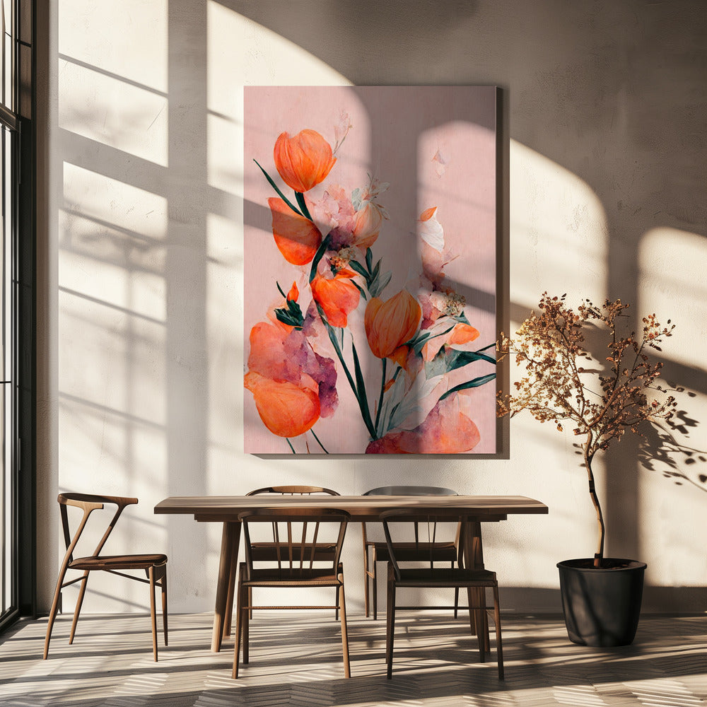 Orange Tulips Wall Artwork In White Floating Frame