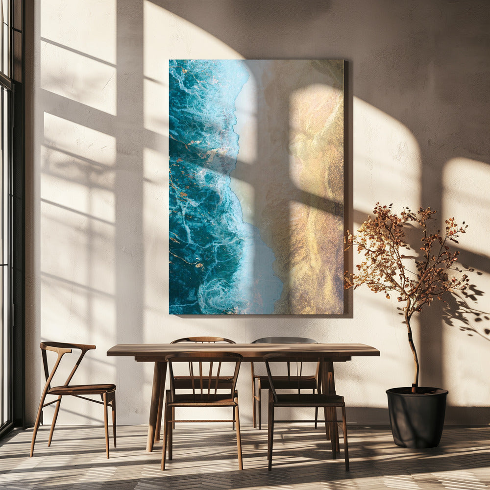 Gold beach Wall Artwork In White Floating Frame