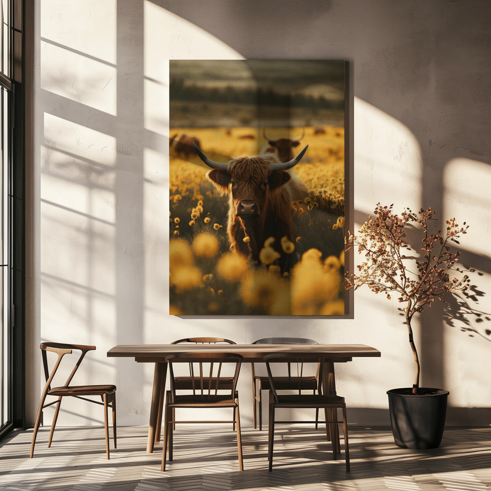 Highland Cows In Flower Field Wall Artwork In White Floating Frame