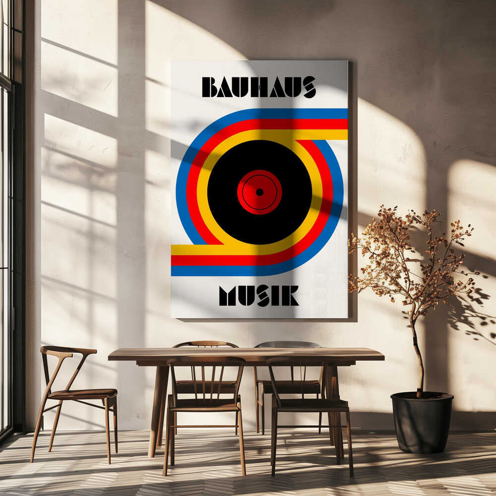 Bauhaus Musik Vinyl – abstract wall art, above a beige table
