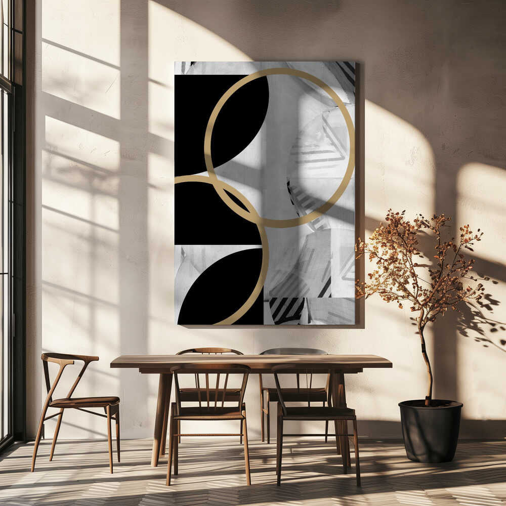 Wall art Black and White Stripes Gold Spheres No1