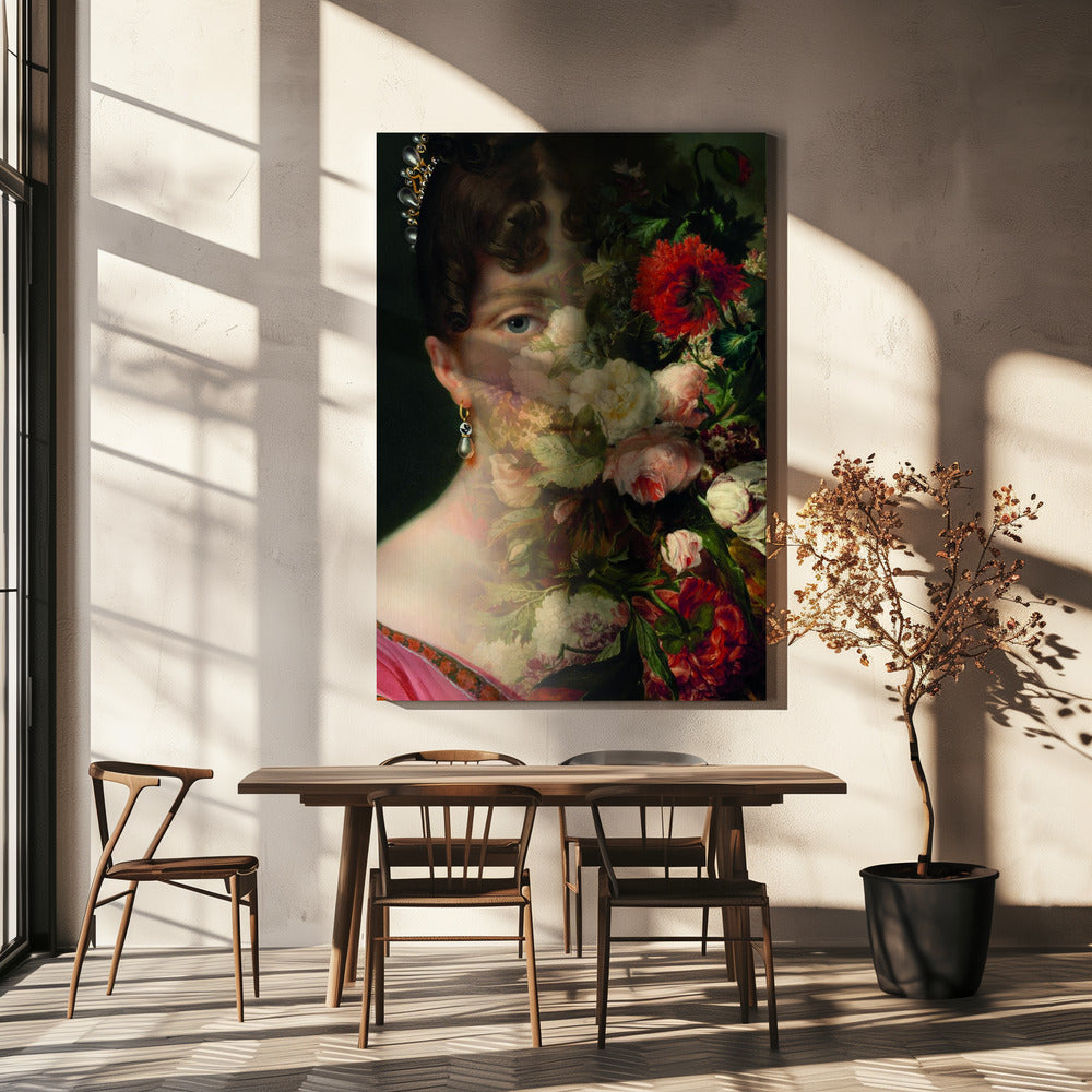 Portrait of Hortense de Beauharnais, queen of Holland with flower still life Wall Artwork In White Floating Frame
