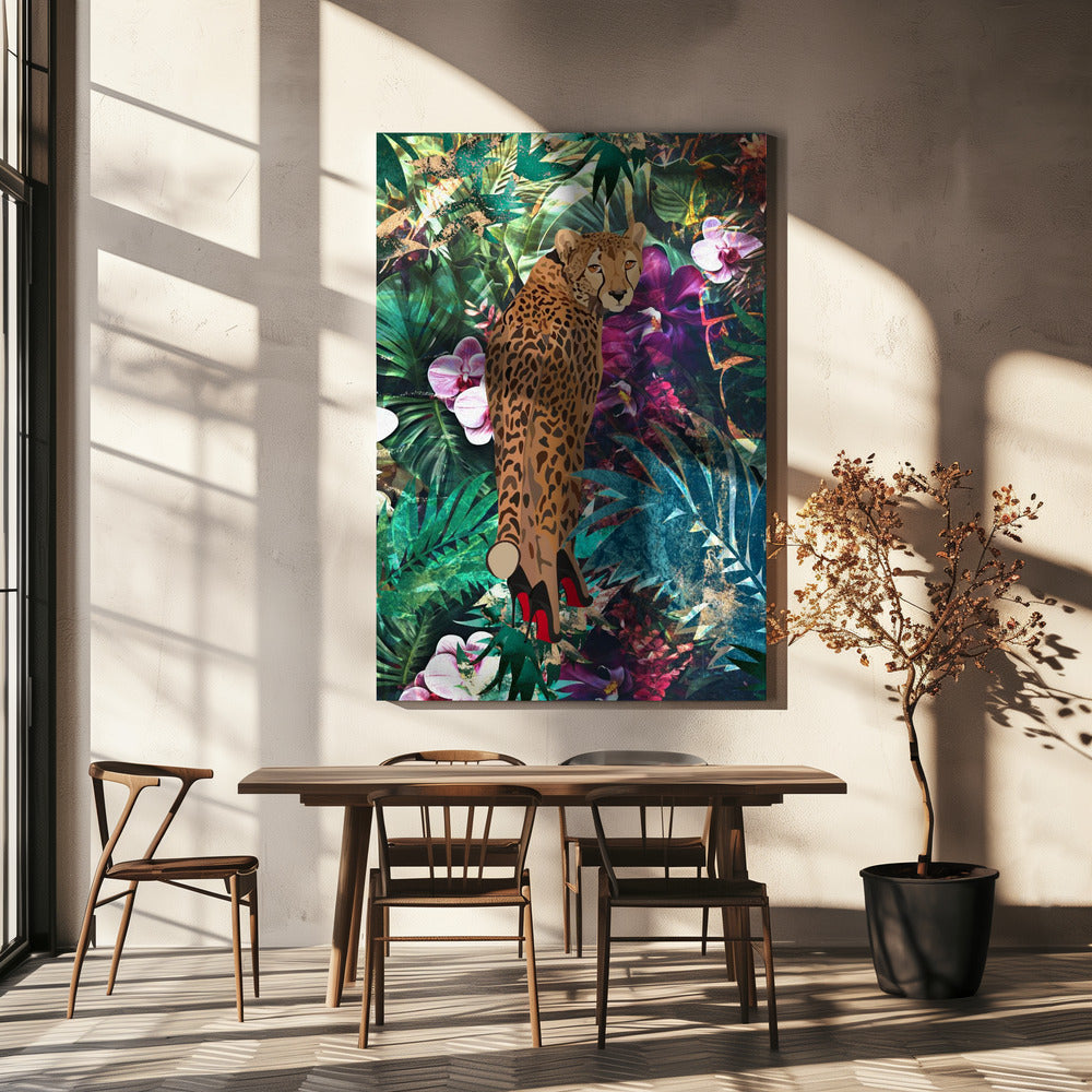 Wall Art Felines Nature-Inspired Canvas Print-wall-art-tropical-floral-jungle-cheetah-in-heels-24X36