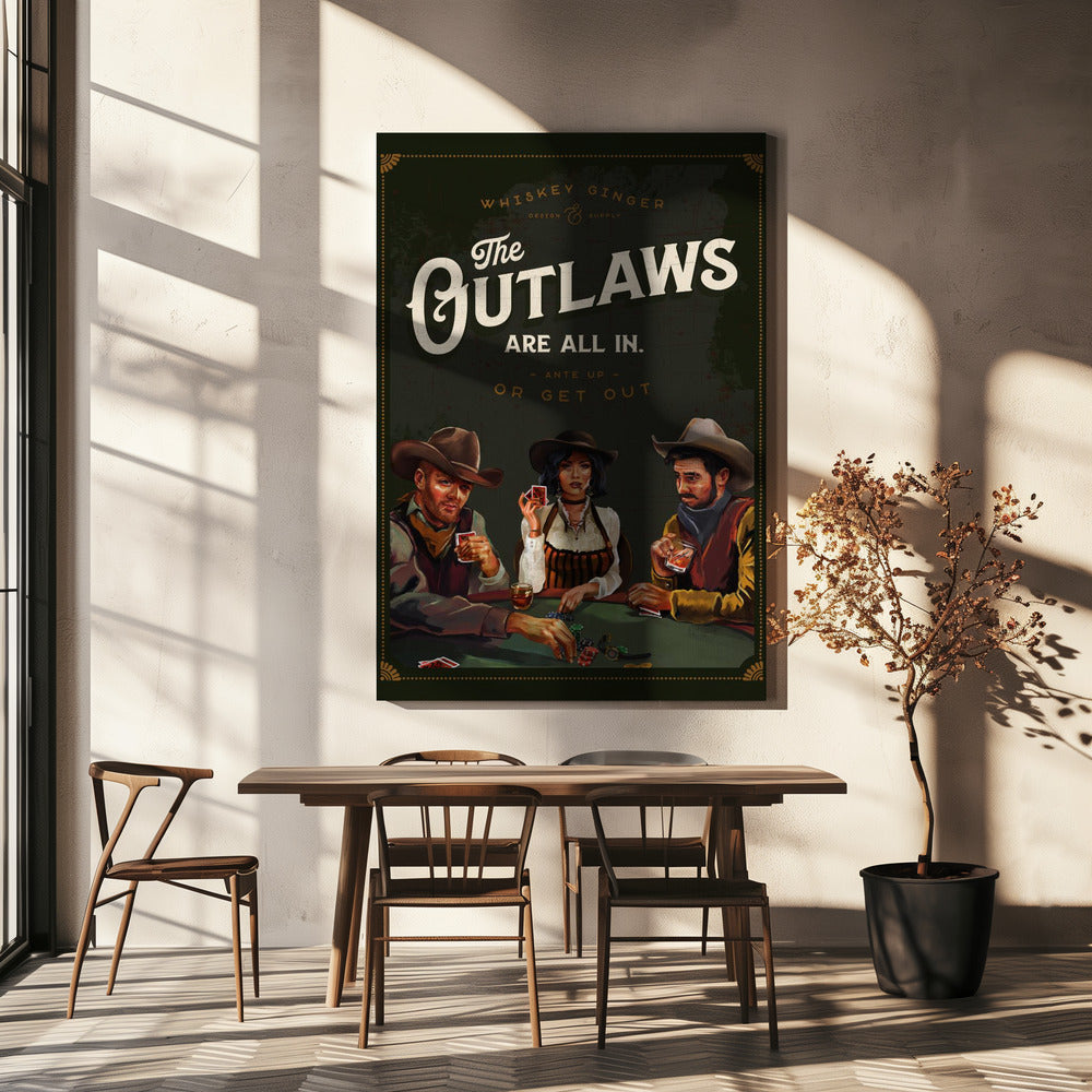 Outlaws Are All In Cool Cowboy Poker Art Wall Artwork In White Floating Frame