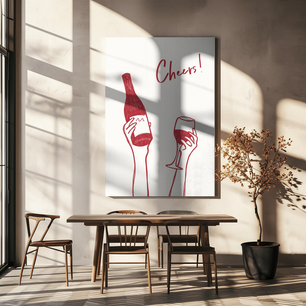Wall art Cheers wine illustration & text (black & white)