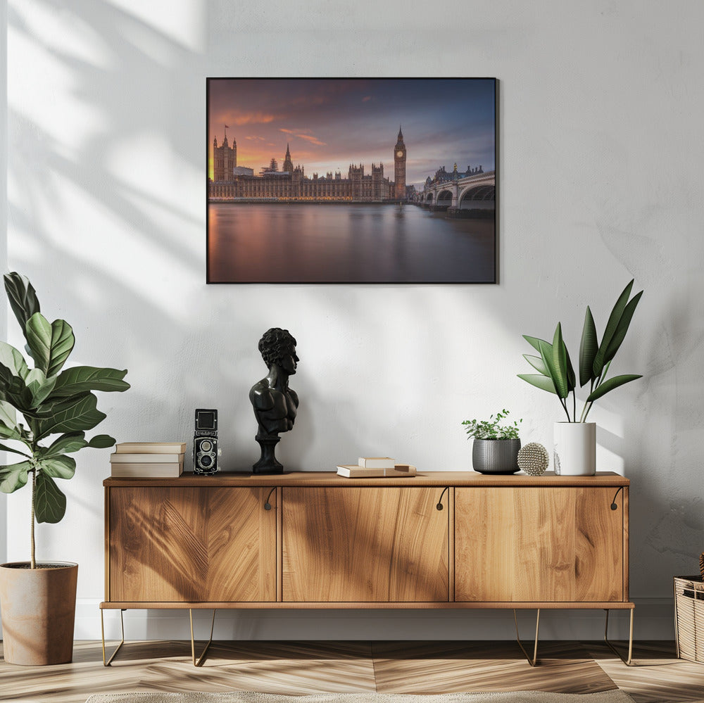 Wall Art London Palace of Westminster Sunset 48X36inch In White Floating Frame