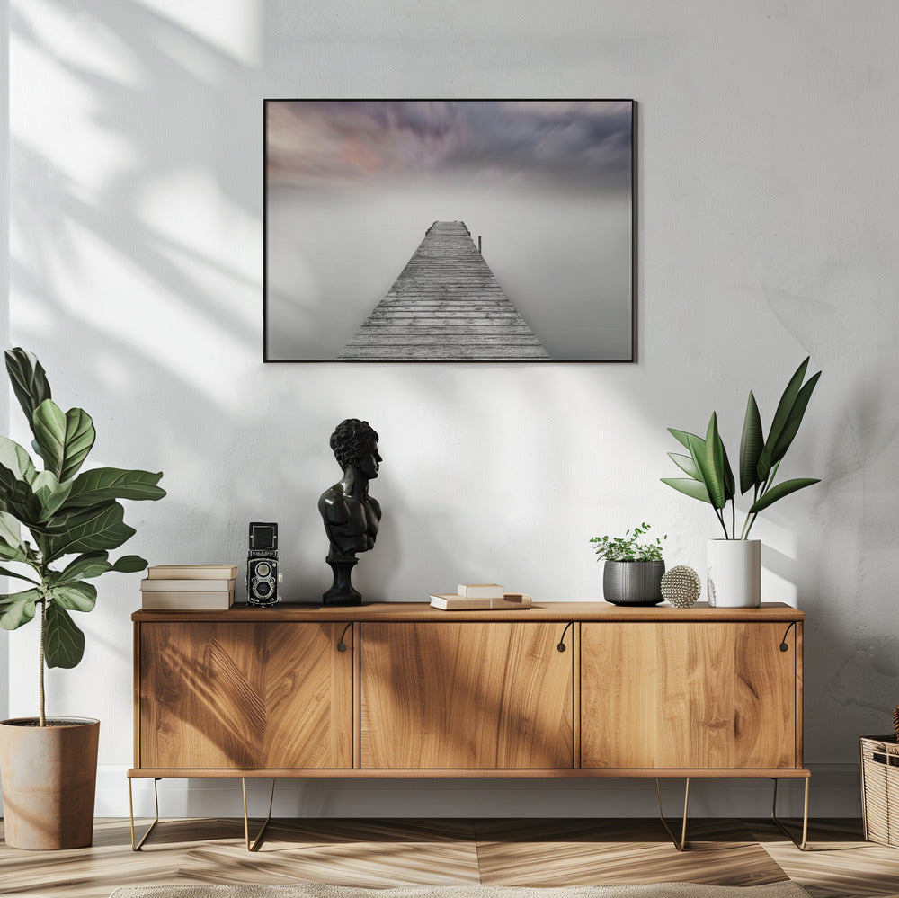 Quay Pier in Fog Wall Artwork In White Floating Frame