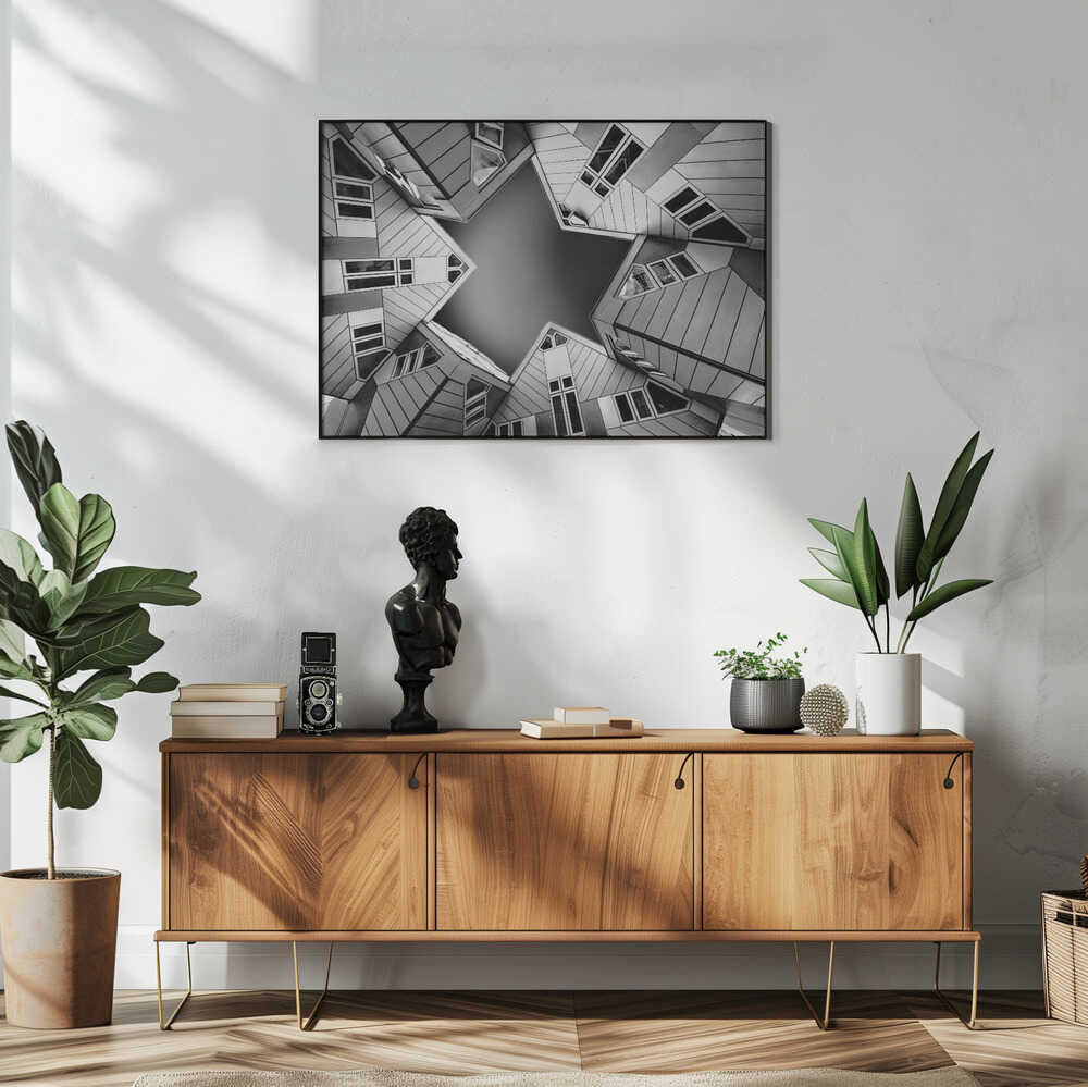 Cubic houses – cityscape wall art, displayed above a bench