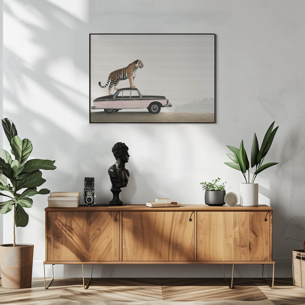 Wall art Tiger om a car roof 48X36inch Gallery Wrapped (Ready to Hang)