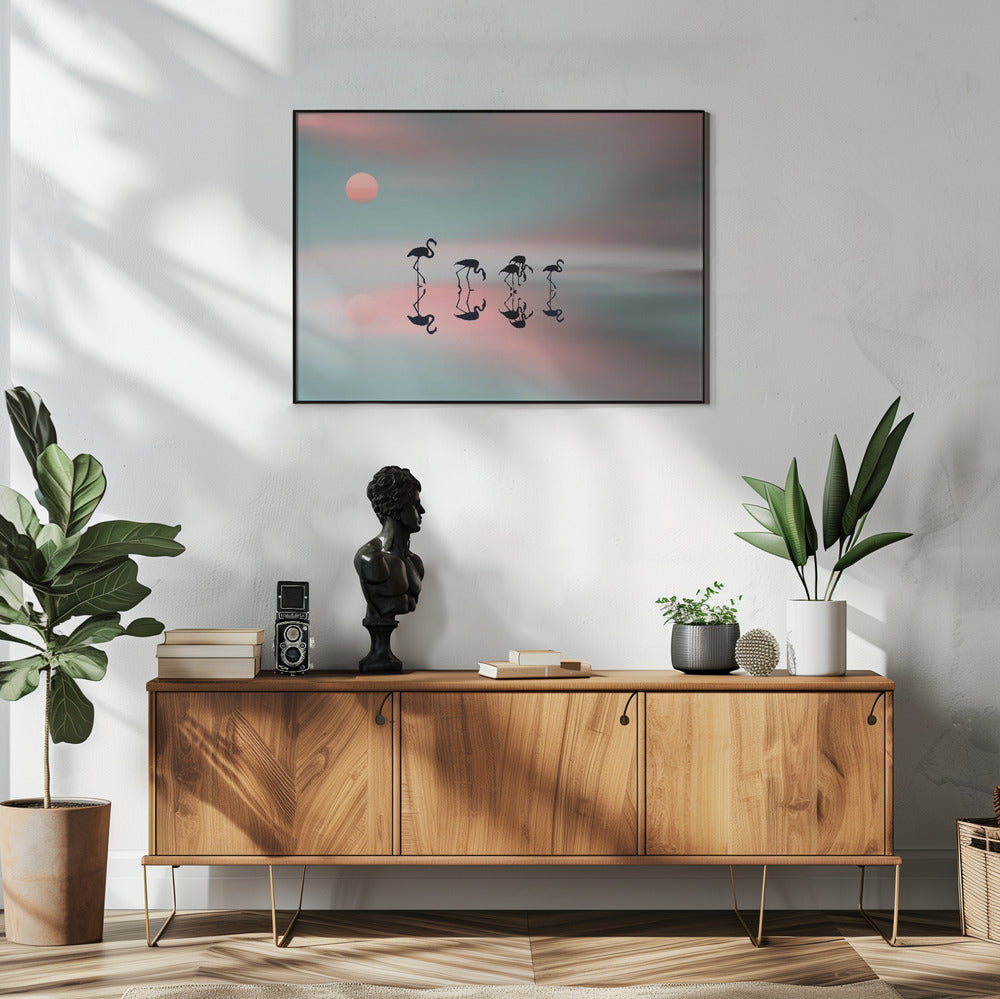 Family flamingos. Wall Artwork In White Floating Frame