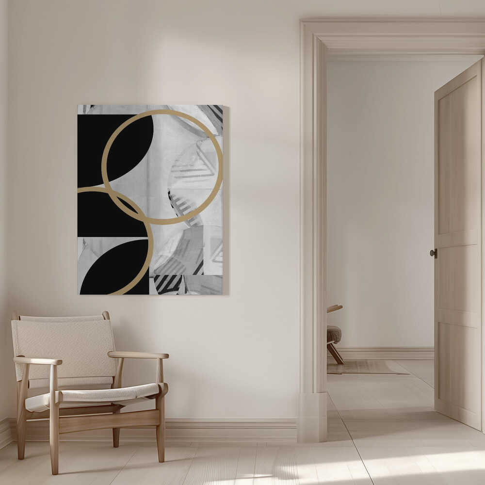 Wall art Black and White Stripes Gold Spheres No1