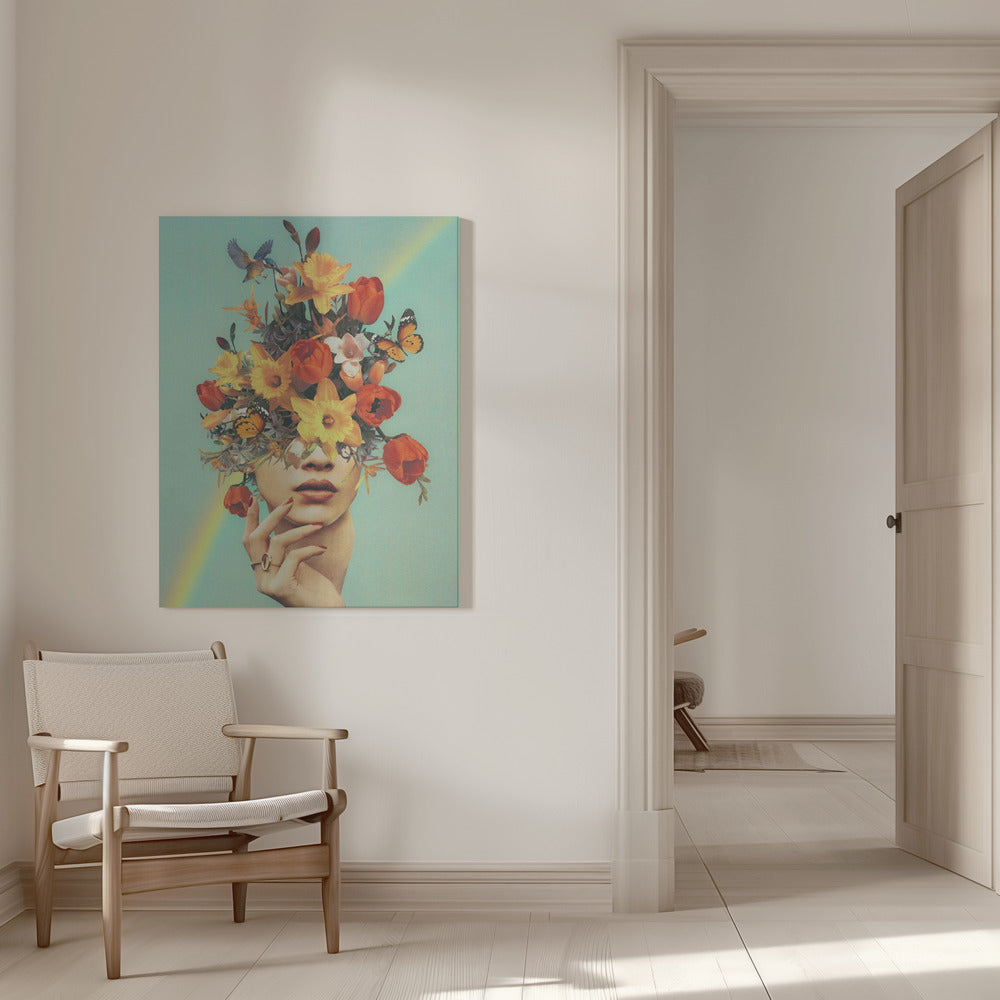 Wall art Baby's in bloom - Rainbow, flowers, birds & butterflies 36X48inch Gallery Wrapped (Ready to Hang)