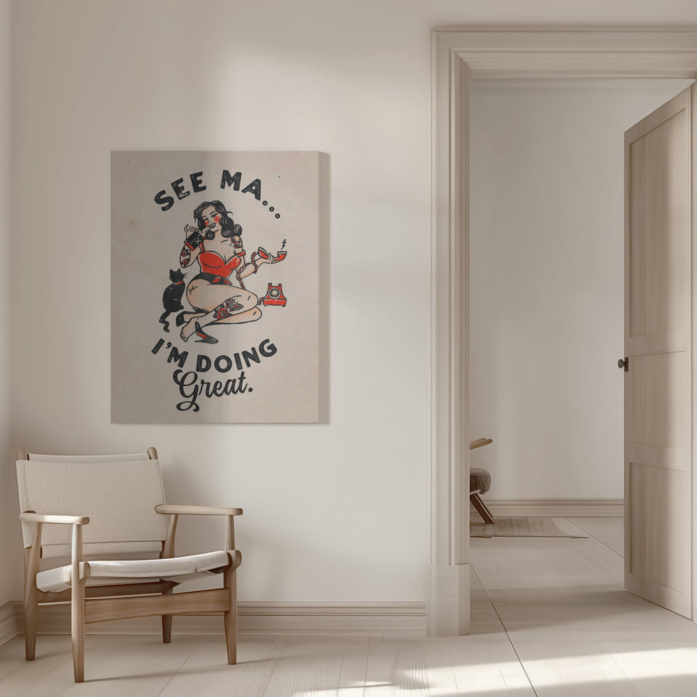 Wall art See Ma Poster Funny Vintage Pinup Girl & Cat 36X48inch Gallery Wrapped (Ready to Hang)