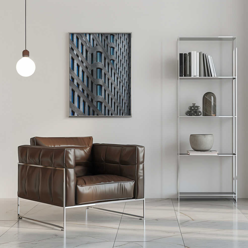 curvaceous facade – cityscape wall art, beside a chrome armchair