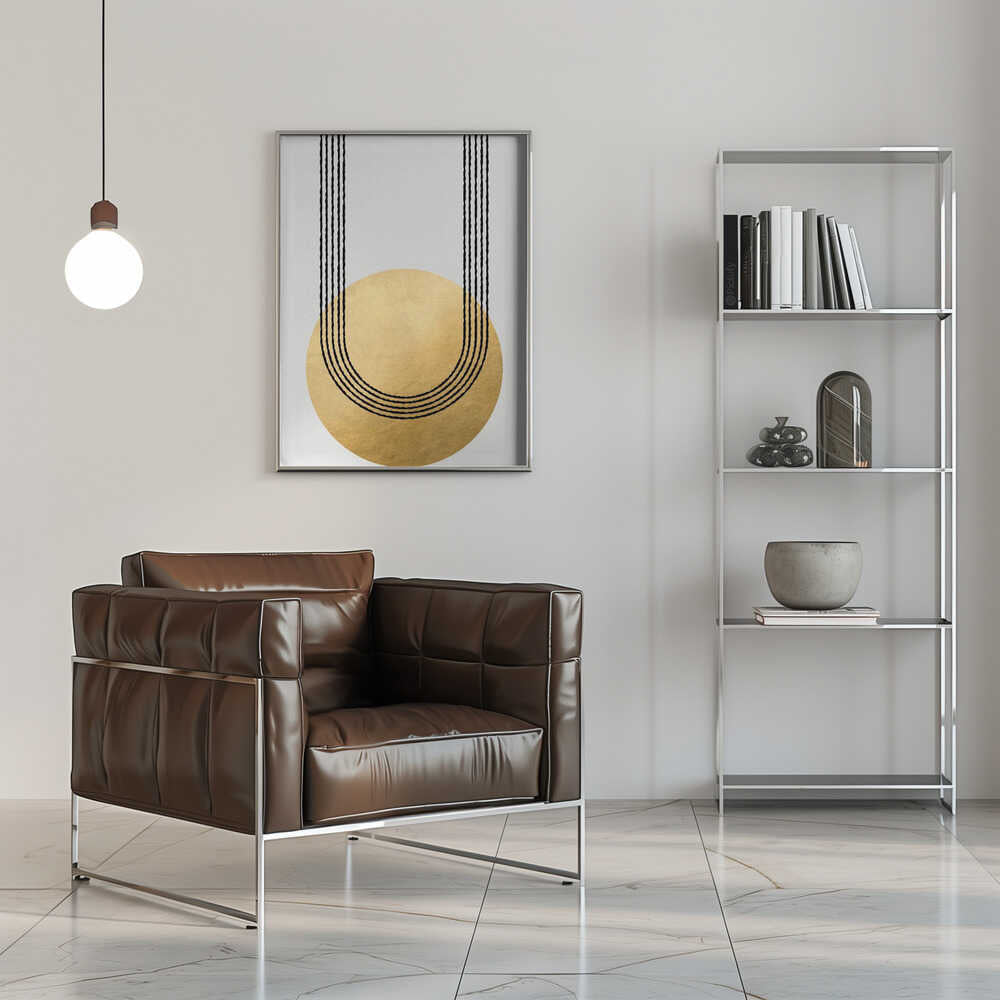 Gold balance – abstract wall art, beside a chrome armchair
