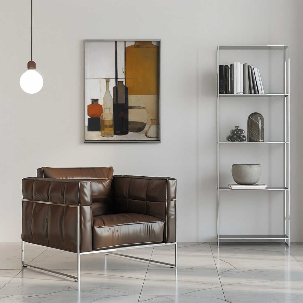 Shapes of Stillness – abstract wall art, beside a chrome armchair