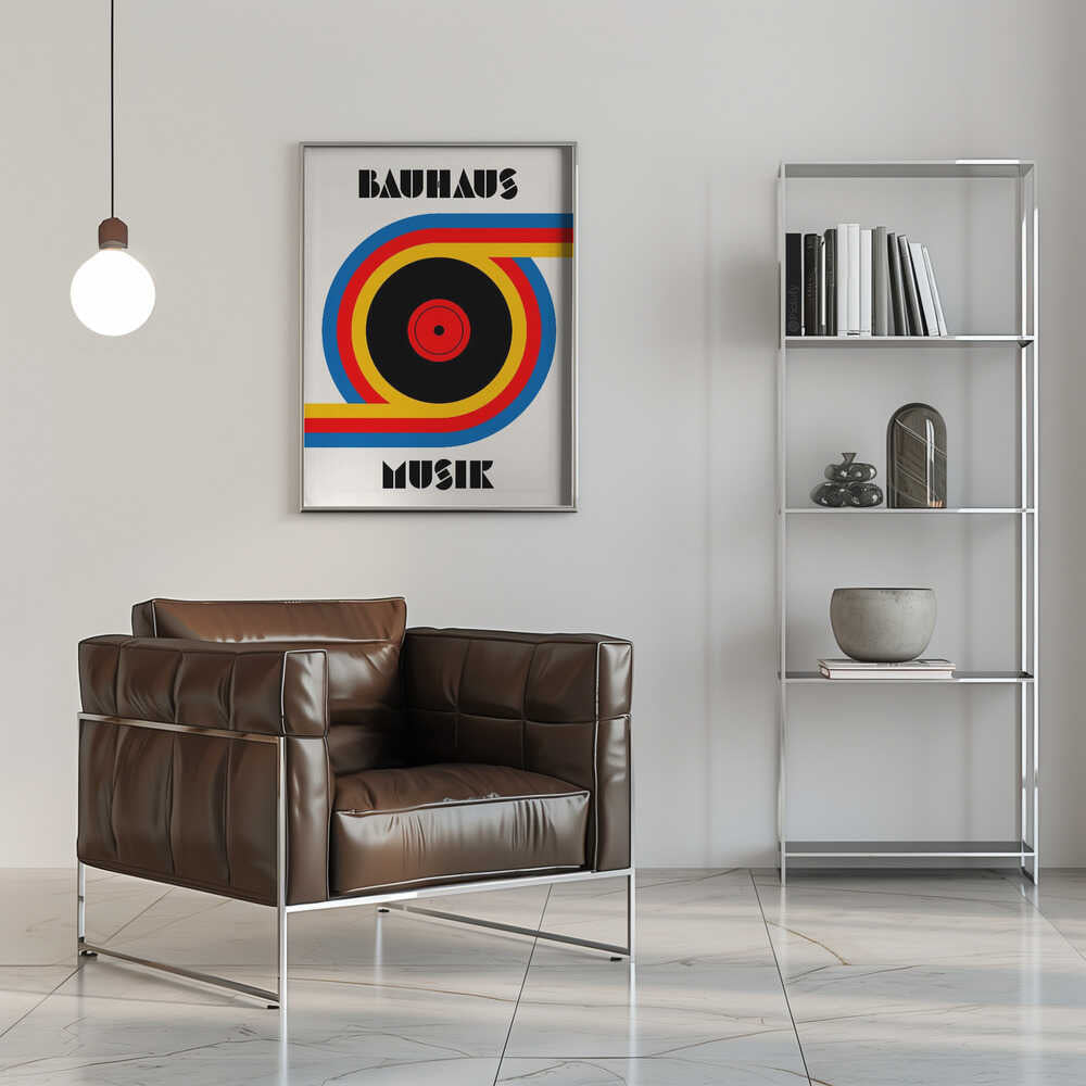 Bauhaus Musik Vinyl – abstract wall art, beside a chrome armchair