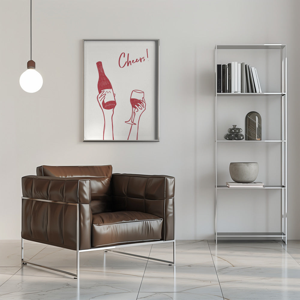 Wall art Cheers wine illustration & text (black & white)