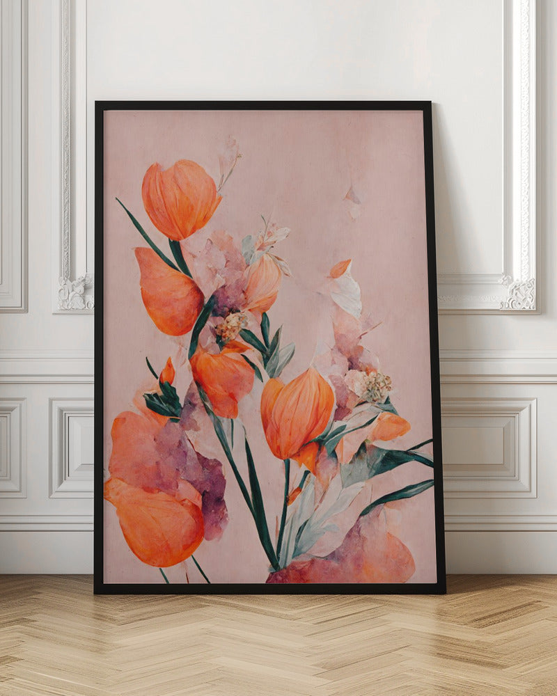 Orange Tulips Wall Artwork In Black Floating Frame