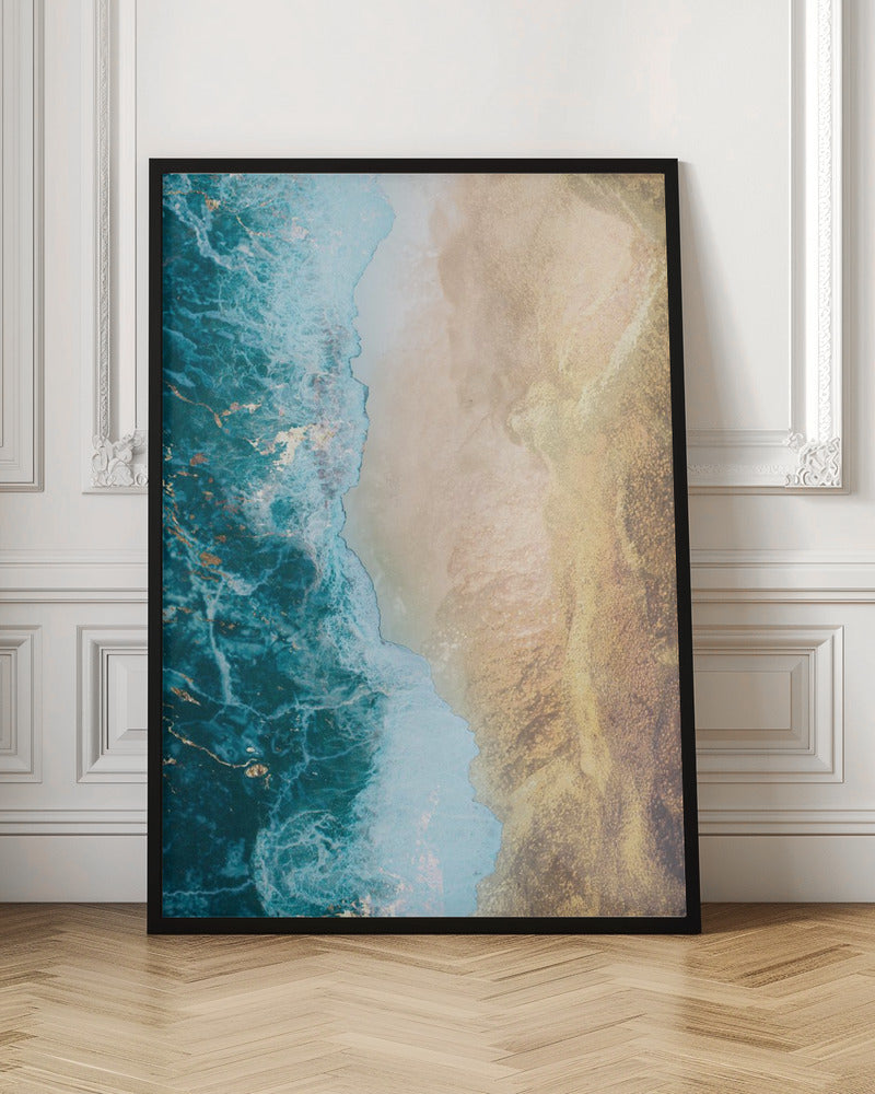 Gold beach Wall Artwork In Black Floating Frame
