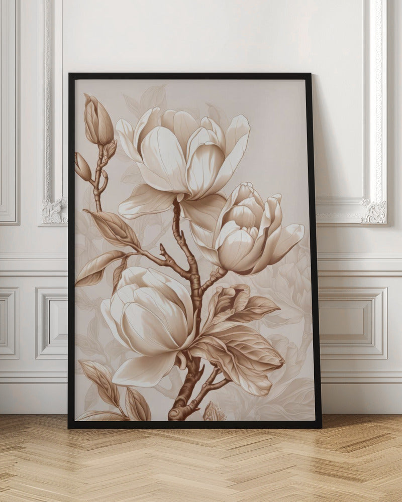 Beige Flowers 2 Wall Artwork In Black Floating Frame