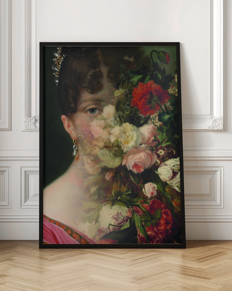 Portrait of Hortense de Beauharnais, queen of Holland with flower still life Wall Artwork In Black Floating Frame